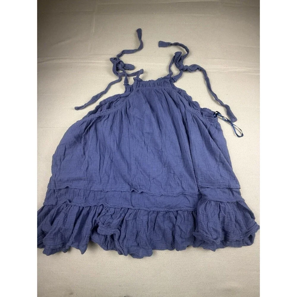 Free People Blue Gauze Ruffle Scoop Neck Sleeveless Tank 100% Cotton Women's M - Picture 8 of 9